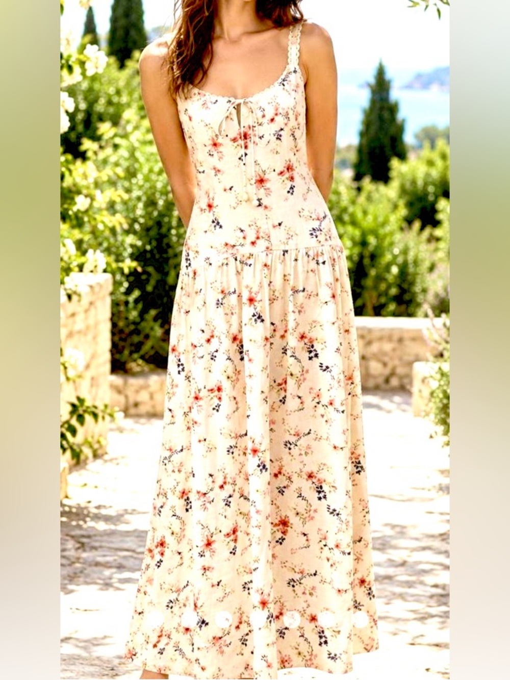 Caroline Constas floral spaghetti straps sundress linen cream size S
